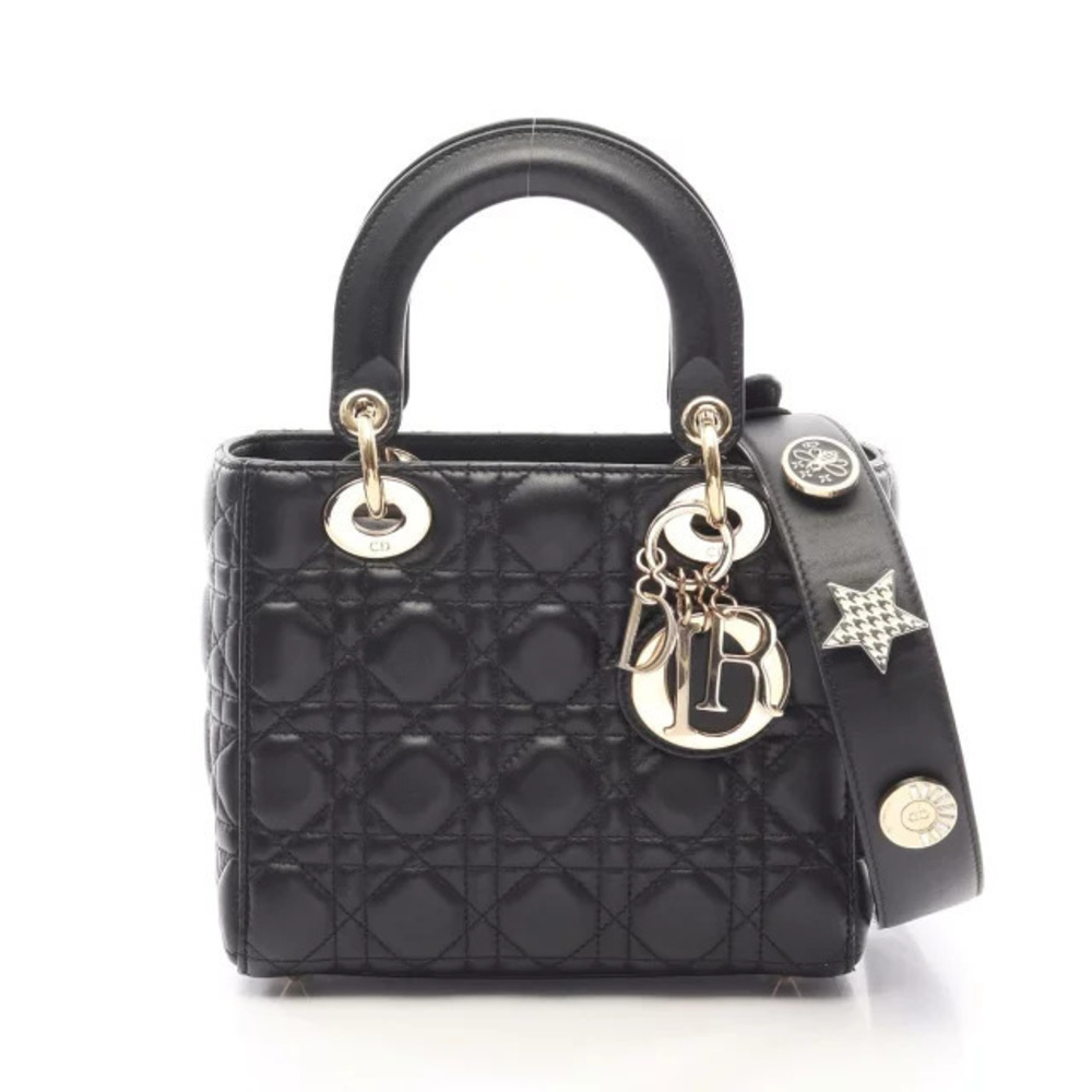 Christian Dior Lady My Abcdior Cannage Handbag Lambskin Sheepskin Leather Black